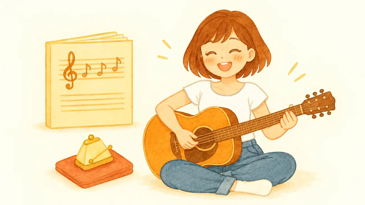 楽譜とメトロノームをそばに置き、アコースティックギターを弾く女の子のイラスト