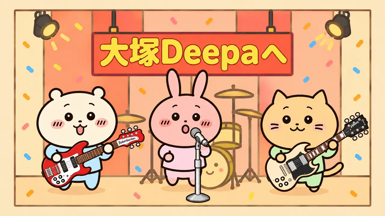 大塚Deepaのライブをイメージしたイラスト。クマがベース、ウサギがボーカル、ネコがギターを担当する動物バンド。