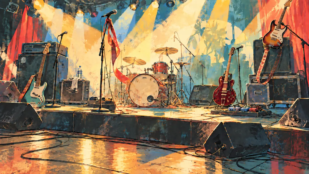 明るい照明に照らされた無人のライブステージとギター、ベース、ドラム
