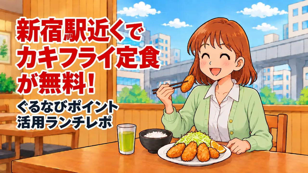 新宿駅近くでぐるなびポイントを使い、カキフライ定食を実質無料で楽しんだランチ体験のイラスト