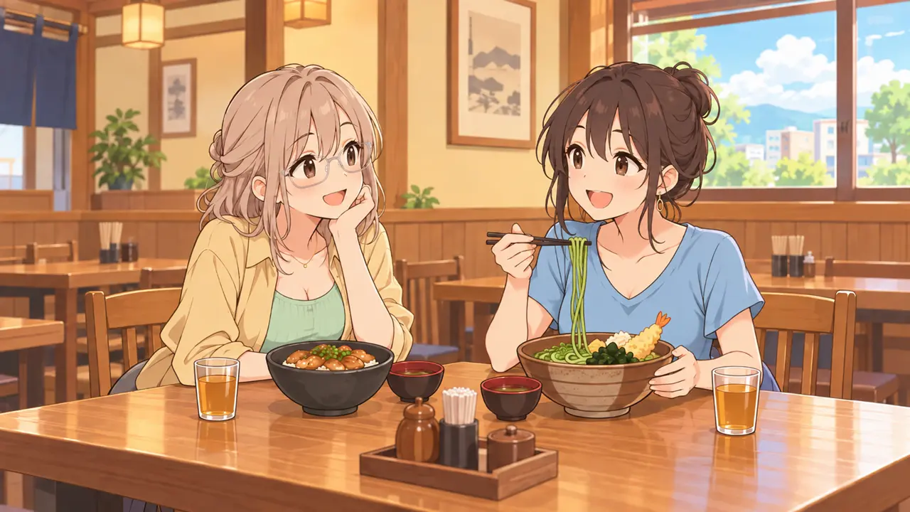 池袋ランチのイメージイラスト。和風の飲食店で、丼ものとうどんを前に談笑する2人の女性