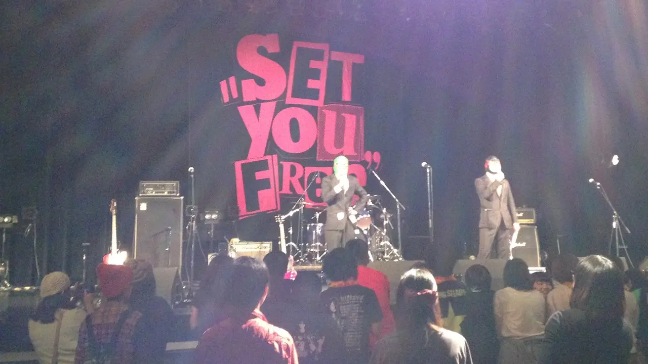 SET YOU FREE SUMMER FESTA 2014のステージ。ピンク色のロゴを背景にマイクを持つ覆面の2人と観客の様子