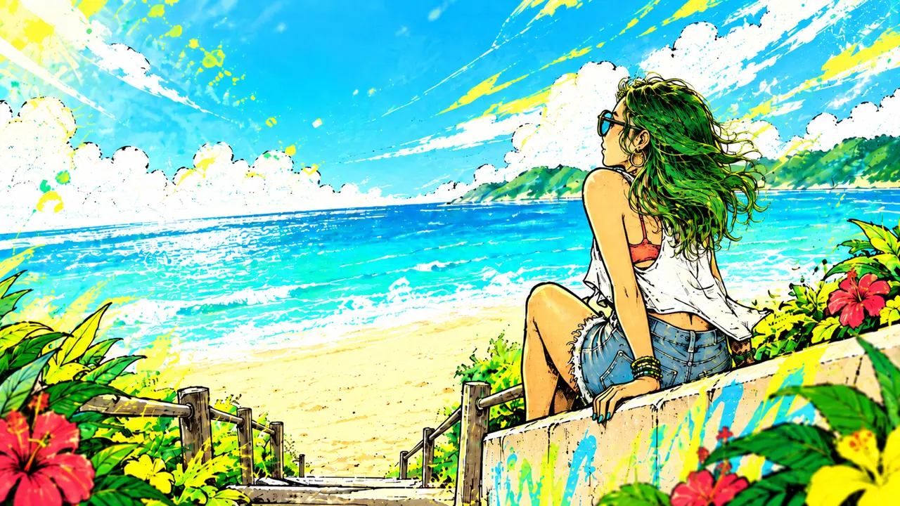 WANIMAのジャケットをイメージした海辺とgirlのイラスト