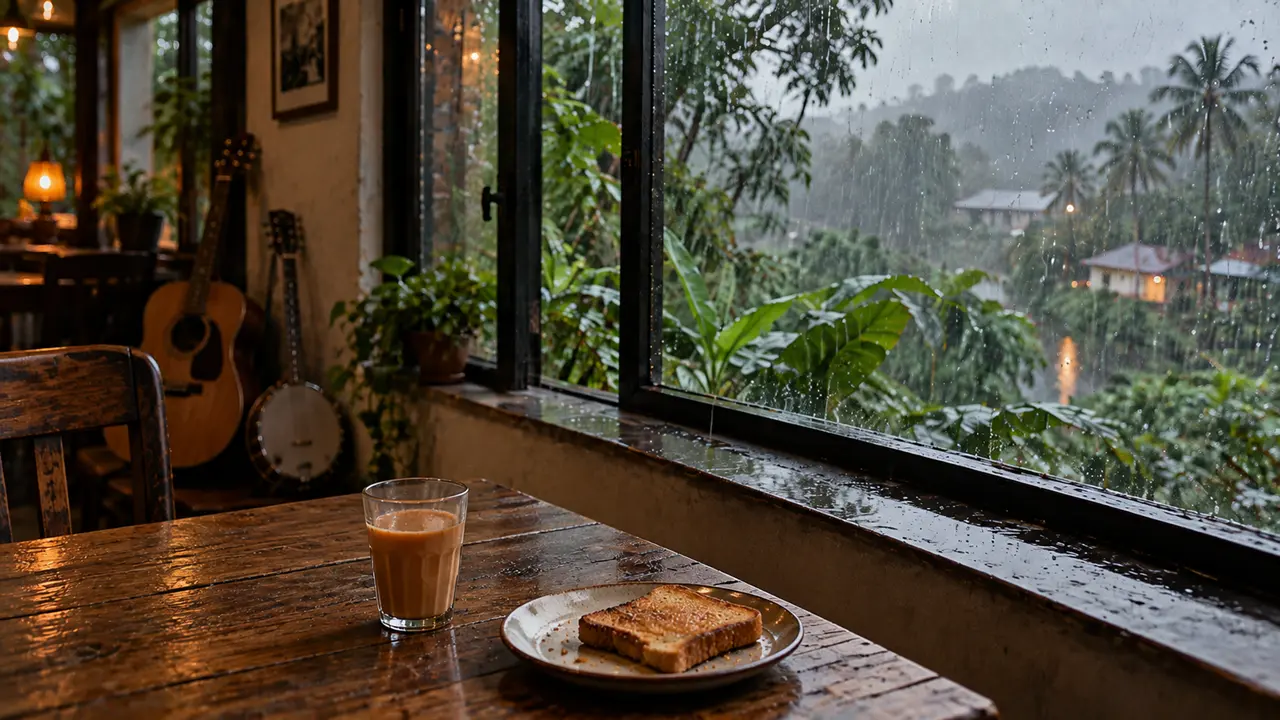 雨の南国風景を望む窓辺にチャイとトースト、ギターとバンジョーが置かれたWhen Chai Met Toastをイメージした風景