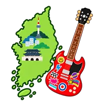 韓国マップとカラフルなギターとステッカー