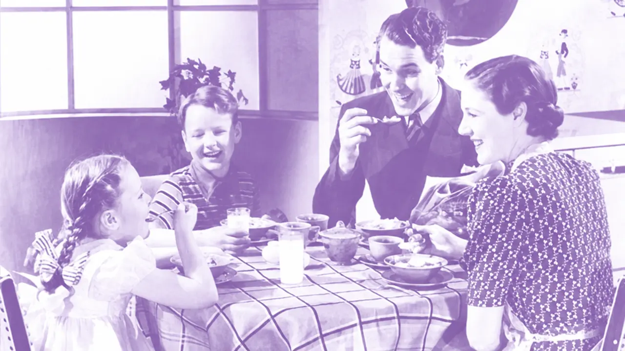 A family of four around a dining table, from the US cover of Hi-STANDARD’s Growing Up