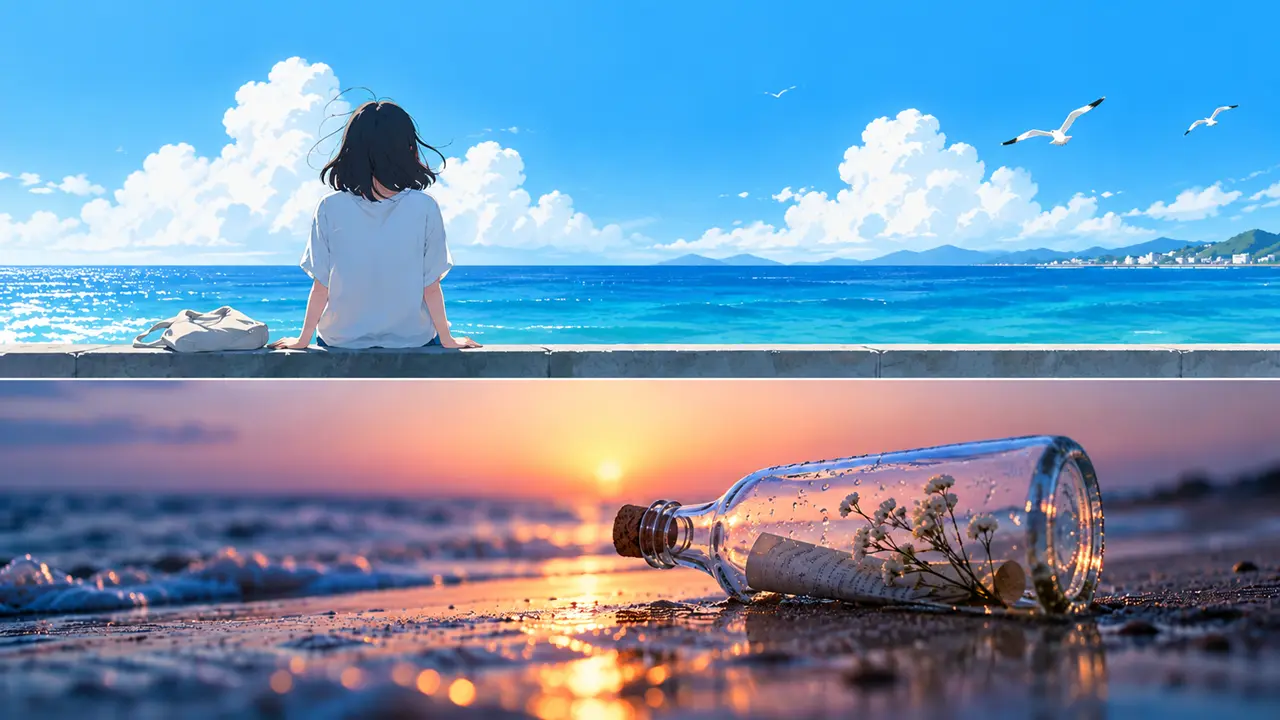 青い海を一人で見つめる人物と、夕暮れの海辺に横たわるメッセージボトル